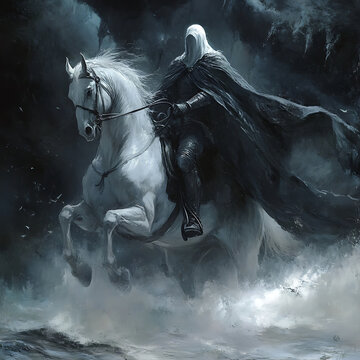 Mysterious Hooded Rider on a White Horse Crossing Stormy Waters at Night.