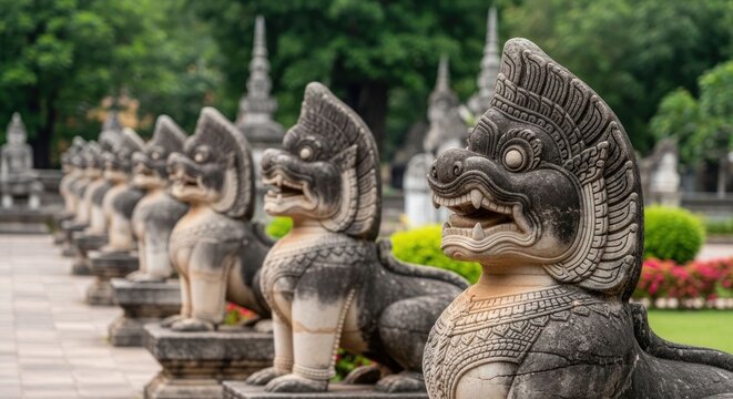 Row of mythical Naga statues guarding a temple in Laos.