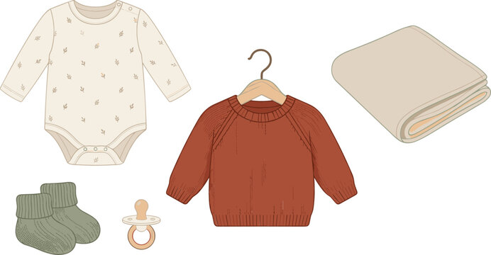Boho Minimalist Baby Clothes and Accessories Vector Set Featuring Patterned Bodysuit Knit Sweater on Hanger Blanket Socks and Pacifier