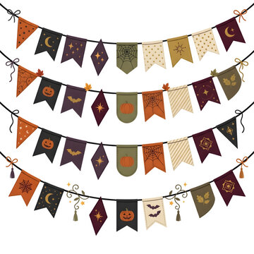 Set of decorative halloween bunting flags with pumpkin and ghost patterns for festive holiday party hanging decoration