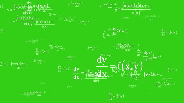 Math formulas on chalkboard green background. Seamless loop of handwritten mathematical formulas, 4K chroma key formulas, Floating physics overlay,