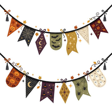 Pixel art halloween bunting flags with orange and black festive hanging banners for party decoration