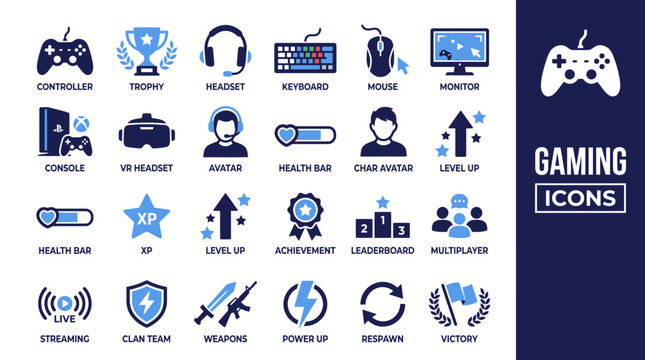Gaming icons set, 40 blue vector graphics, controller, trophy, headset, gaming symbols
