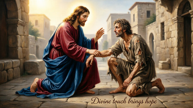 Jesus Christ heals a leper with divine mercy, cleansing his body through compassionate touch.