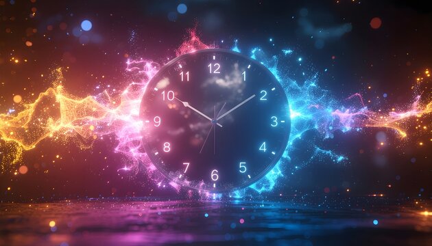 Abstract Futuristic Wall Clock with Exploding Glowing Blue and Orange Particle Waves on Dark Reflection Background
