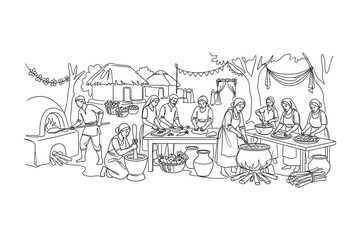 Obraz premium A group of villagers working together to prepare food in an outdoor kitchen setting.