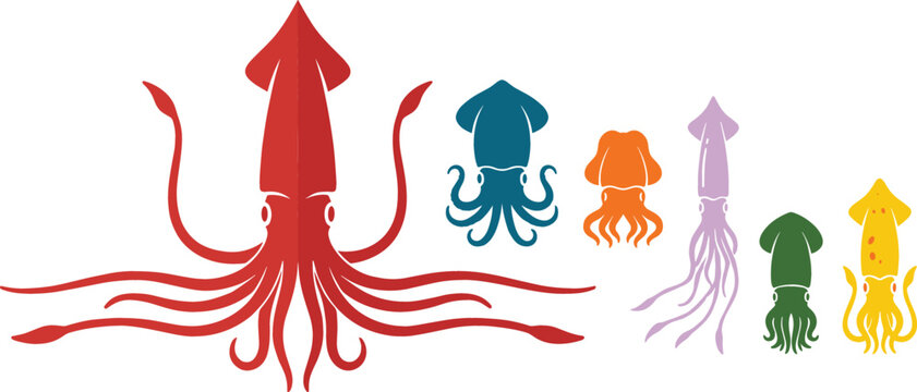 Colorful Squid and Cuttlefish Vector Silhouette Set Featuring Giant Red Squid and Diverse Cephalopod Characters for Marine Life Graphic Designs
