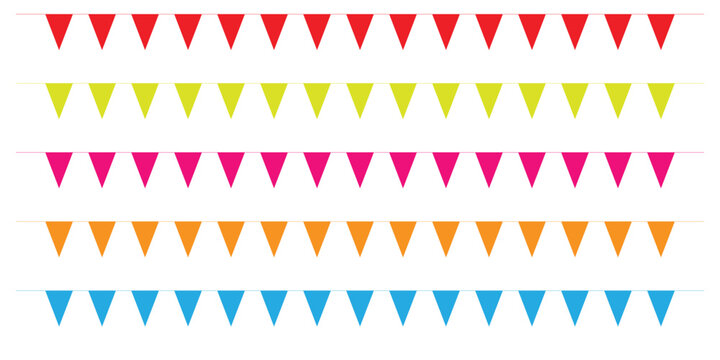 Set of isolated multicolored flag garlands on white background for festive celebrations