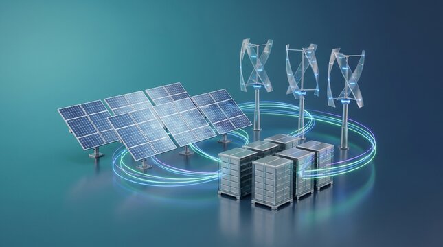 Renewable energy hub integrating solar panels and vertical axis wind turbines