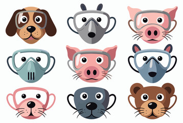 Obraz premium Array of cute cartoon animal faces including a dog, cat, pig, and bear wearing various medical and protective face masks.