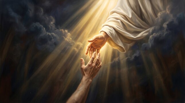 Divine Hand Reaching Down to a Human Hand in Light