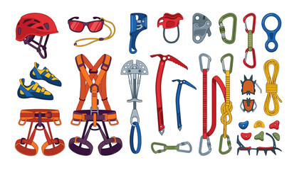 Rock climbing gear vector elements set with harness helmet rope carabiners ice axe crampons and mountaineering equipment icons © Ruma