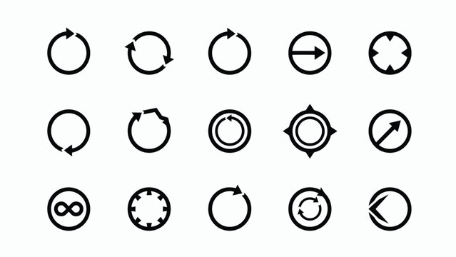 Fifteen unique directional and cyclic arrow icons in minimalist black with instructional materials requiring clear visual cues movement process flow