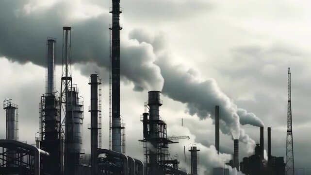 industrial refinery skyline under heavy smoke, dense plumes rising from chimneys, aging pipes and storage tanks, muted monochrome palette conveys grim atmosphere and environmental hazard,