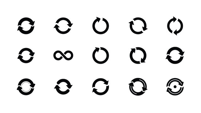 Modern minimalist arrow loop and infinity symbol icon collection in bold black with showcases meticulously arranged grid fifteen distinct loop arrow icons