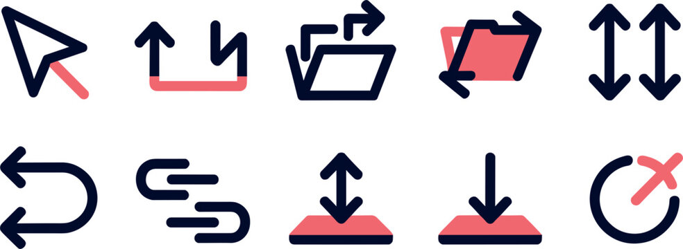 Vector outline user interface arrow icon set featuring mouse cursor file folders transfer sharing download upload swap and refresh loop elements