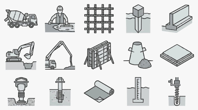 Creative Illustrated Guide to Essential Construction Equipment and Processes in Monochrome with high quality professional line art symbols for modern creative design and digital branding projects
