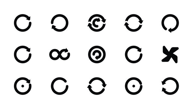 Modern minimalist arrow loop and circular symbol icon set for digital design with high contrast collection fifteen distinct circular looped arrow icons
