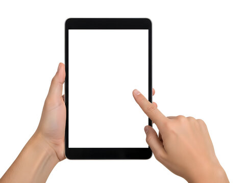 Hands holding a tablet computer with blank screen isolated on white background