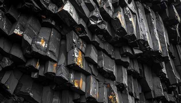 A dark, rugged, geometric rock formation with orange lichen growth