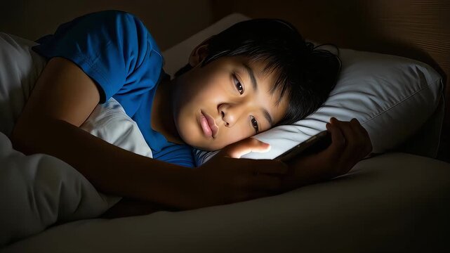 暗い寝室のベッドの上でスマートフォンを見る男子