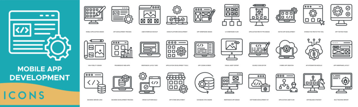 Mobile App Development icon line illustration. Mobile Application Design, App Development Process, User Interface Mockup, Cross Platform Development and App Wireframe Design