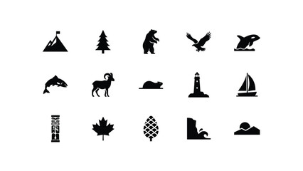 Fototapeta premium Black and white minimalist icons set with complemented sailboat abstract mountain structure waves alongside natural elements pine tree
