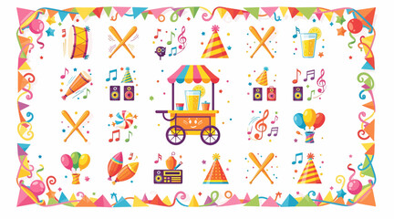 Obraz premium Party Elements Collage: Carnival Food Cart, Music, Hats, Balloons