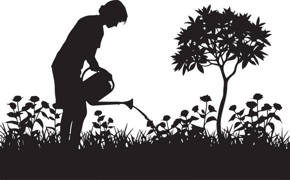 Silhouette of a person watering plants and a tree in a garden