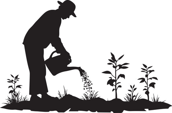 Silhouette of a person watering plants with a watering
