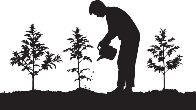 Silhouette of a person watering plants, with three small