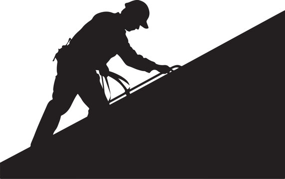 Silhouette of a roofer working on a roof, using a tool black