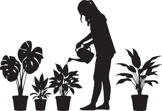 Silhouette of a woman watering plants, potted plants