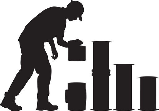 Silhouette of a worker handling industrial barrels factory