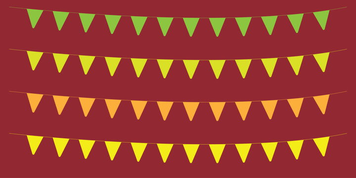 Colorful bunting banner decoration with triangle flags on maroon background for festivals