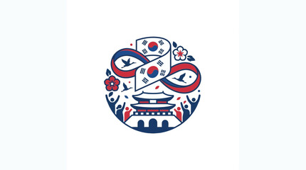 Obraz premium South Korea National Symbols Celebration Logo: Taegeukgi, Pagoda, Cranes, Flowers, People