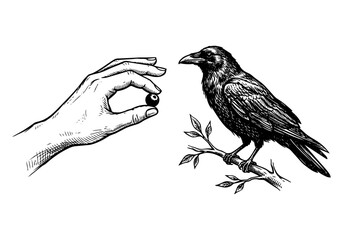 Fototapeta premium Vintage Raven Vector Illustration Hand Drawn Crow Bird Flying Perched Black And White Line Art Sketch For Gothic Halloween And Nature Graphic Design