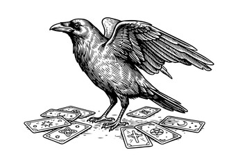 Fototapeta premium Vintage Raven Vector Illustration Hand Drawn Crow Bird Flying Perched Black And White Line Art Sketch For Gothic Halloween And Nature Graphic Design