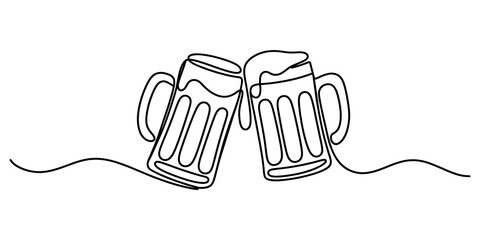 Two beer mugs cheering in a simple continuous line art style drawing © Graphics Art