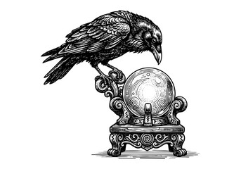 Fototapeta premium Vintage Raven Vector Illustration Hand Drawn Crow Bird Flying Perched Black And White Line Art Sketch For Gothic Halloween And Nature Graphic Design