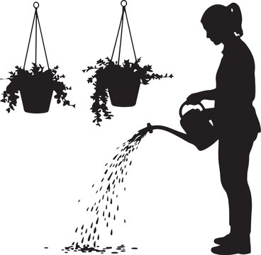 Silhouette of woman watering plants, hanging baskets