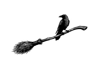 Fototapeta premium Vintage Raven Vector Illustration Hand Drawn Crow Bird Flying Perched Black And White Line Art Sketch For Gothic Halloween And Nature Graphic Design