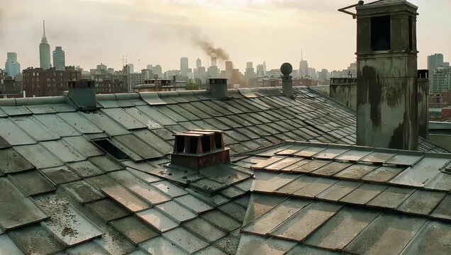 Urban Rooftop Smoke Over City At Dusk.