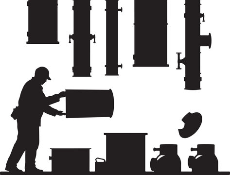 Silhouette of worker handling industrial barrels