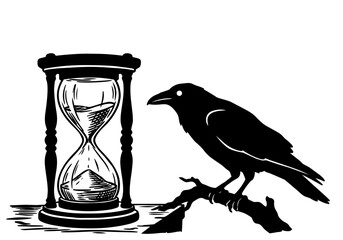Fototapeta premium Vintage Raven Vector Illustration Hand Drawn Crow Bird Flying Perched Black And White Line Art Sketch For Gothic Halloween And Nature Graphic Design