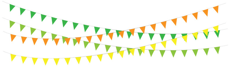 Obraz premium Orange and green bunting garlands crossing over white background for festive compositions
