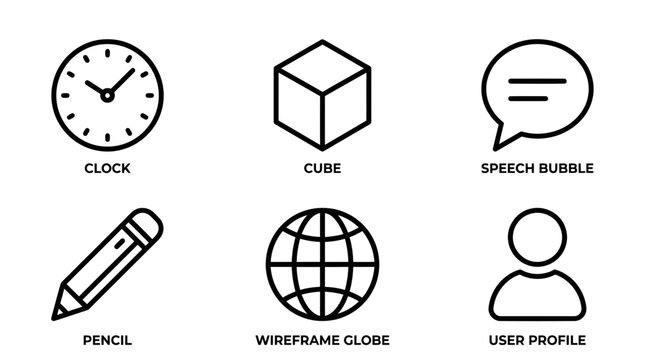 A graphic illustration of a clock, cube, speech bubble, pencil, wireframe globe, and user profile icons.