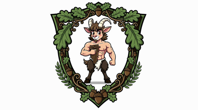 Mythical Satyr with Pan Flute in Oak Leaf Wreath Emblem