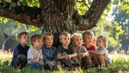 Fototapeta premium Group of young children sitting together under a large oak tree, looking up in wonder