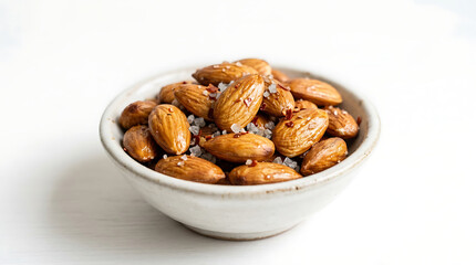 Fototapeta premium Bowl of roasted almonds with sea salt and pepper, a delicious savory snack perfect for any occasion.